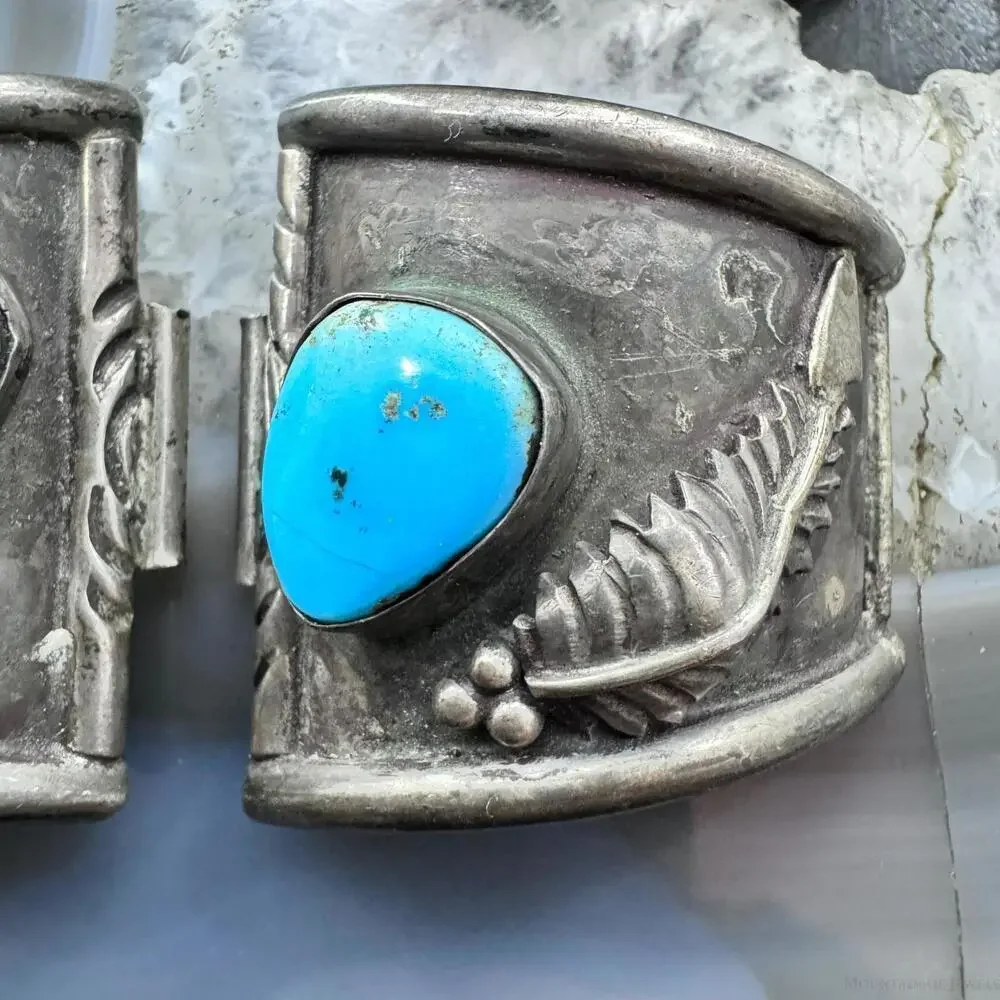 Native American Vintage Silver 2 Natural Turquoise Decorated Watch Band Tips